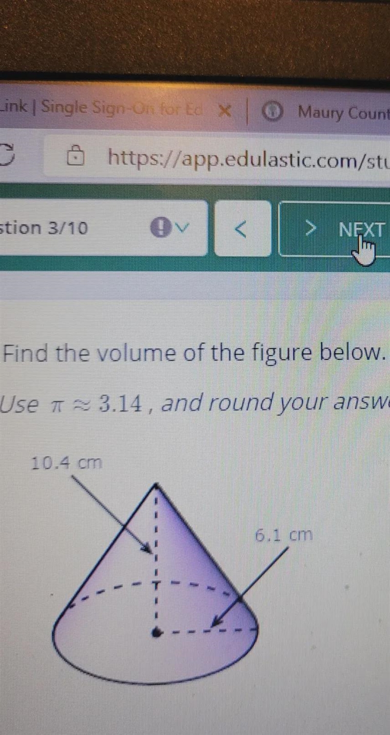 Find the volume of the figure below. (Use a 3.14, and round your answer to the nearest-example-1