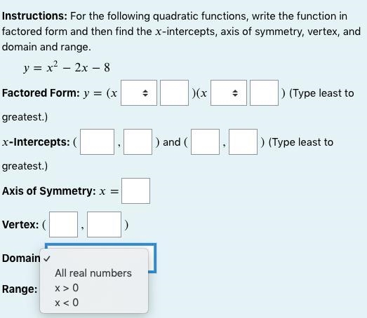 Instructions: For the following quadratic functions, write the function in factored-example-3