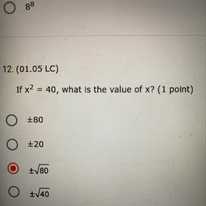 If x2 = 40, what is the value of x?+80O +20O V80O V40-example-1