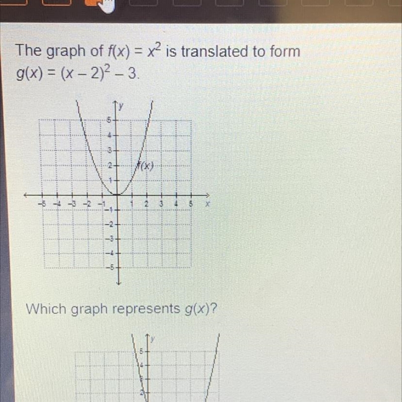 The graph of f(x) = x² is translated to formg(x) = (x-2)2-3.--5-4-3-2-1-2+Which graph-example-1