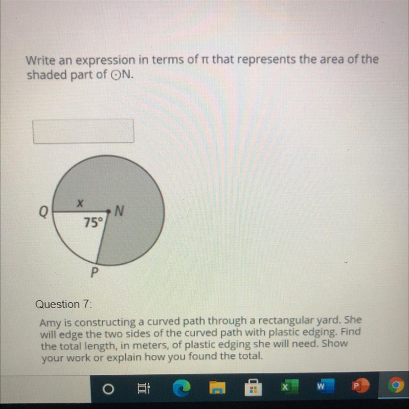 Write an expression in terms of Pi that represents the area of the shaded part of-example-1