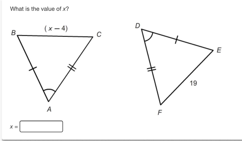 What is the value of x?There are two triangles, triangle ABC and triangle DEF. Side-example-1