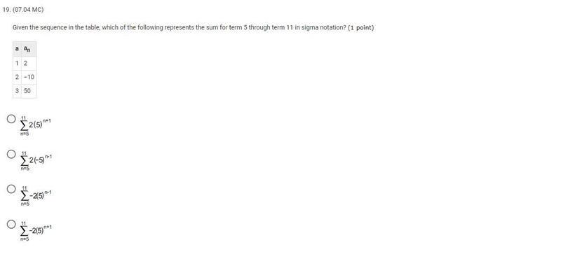 question 19:Given the sequence in the table, which of the following represents the-example-1