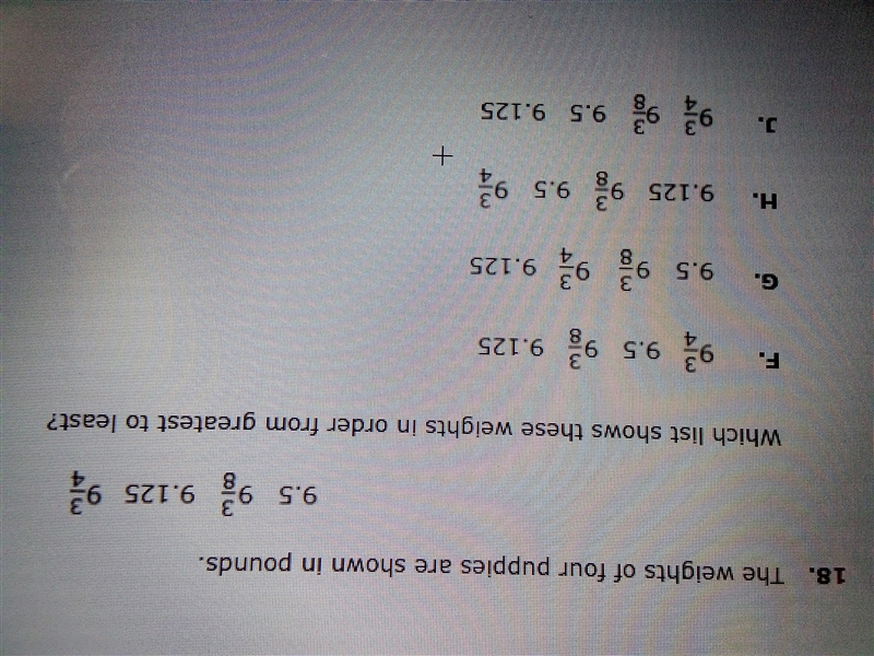 18. The weights of four puppies are shown in pounds. 9.5 9 9.125 9 Which list shows-example-1