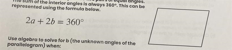 2a+2b=360 degrees a) a= 60 degrees b) a = 75 degrees use algebra to solve for b, find-example-1