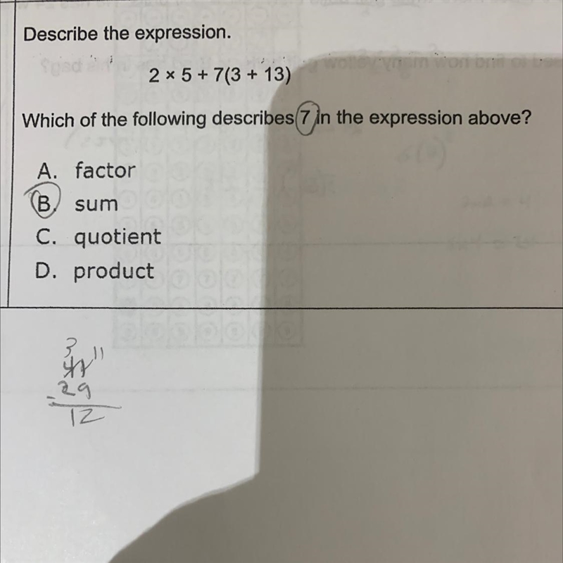 -Describe the expression.Suvolino bolo2 * 5+7(3 + 13)+Which of the following describes-example-1