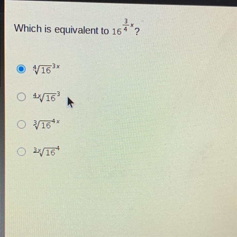 Which is equivalent to 164 ?-3x√16³xO 4/16³ ►O ¾/16**O 3√/16¹-example-1