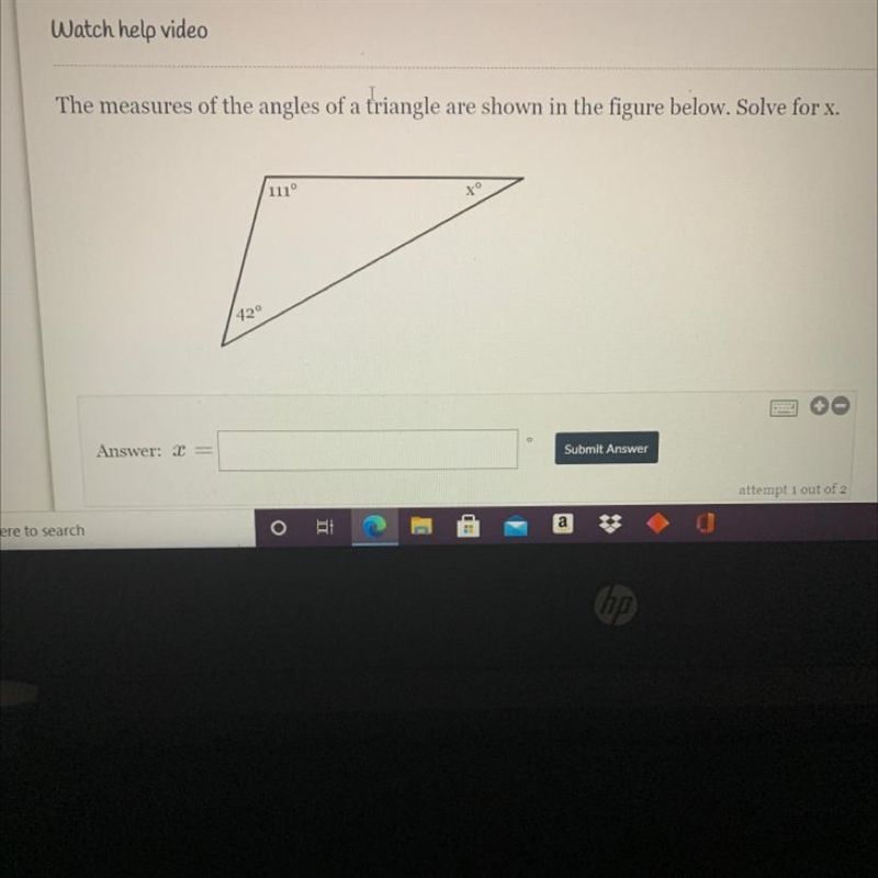 The measures of the angles of a triangle areshown in the figure below. Solve for x-example-1