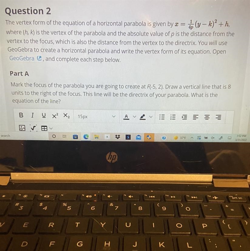 Find the equation of the parabola, the equation of the directrix and the equation-example-1