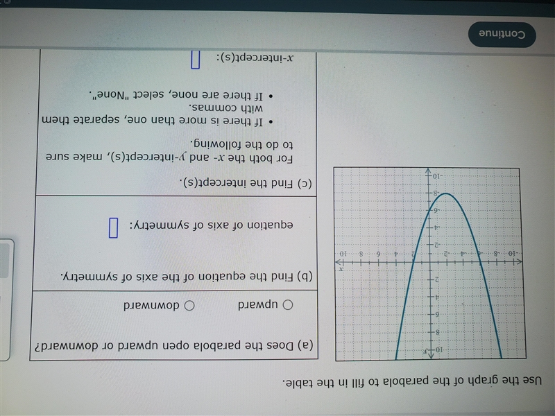 Use the graph of the parabola to fill in the table. (a) Does the parabola open upward-example-1