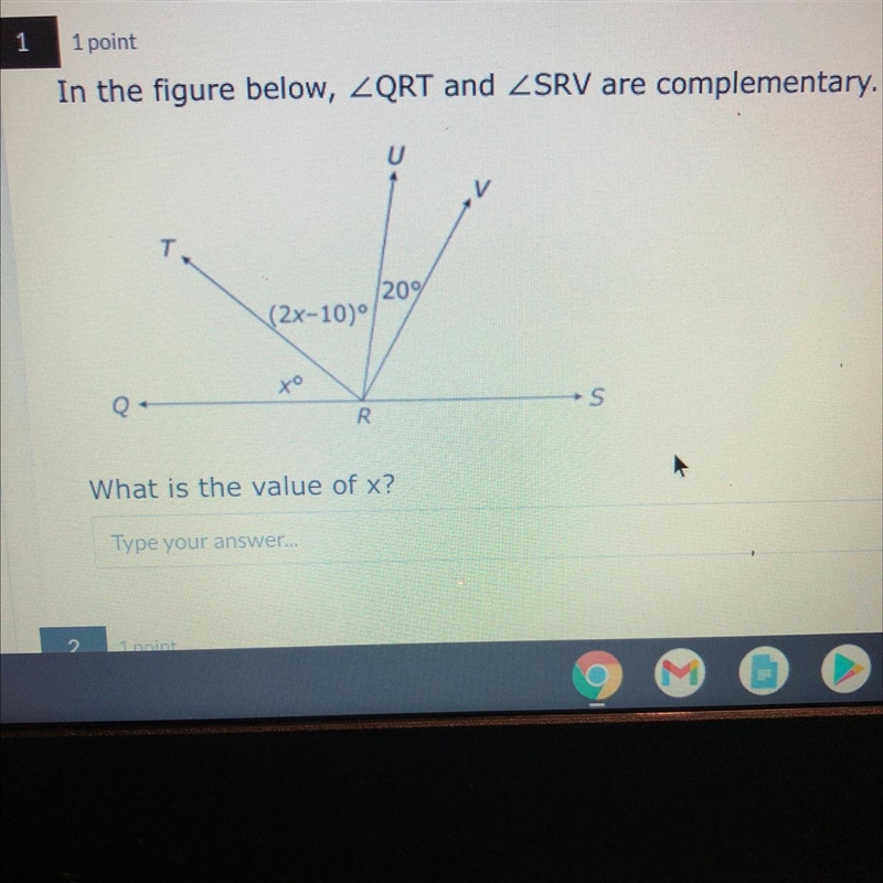 In the figure below, QRT and SRV are complementary, What is the value of x?-example-1