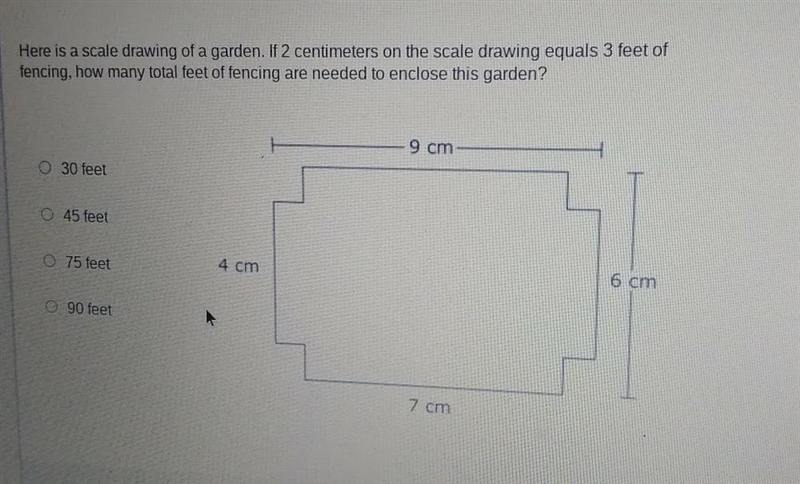 here's a scale drawing of a garden if 2 cm on the scale drawing equals 3 ft of fencing-example-1