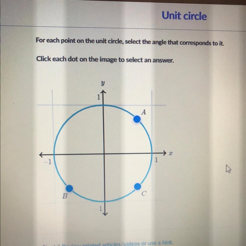 Click each dot on the image to select an answer. y A B С Stuck? Review related articles-example-1