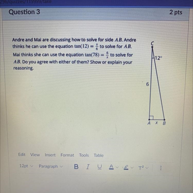 Andre and Mai are discussing how to solve for side AB. Andrethinks he can use the-example-1