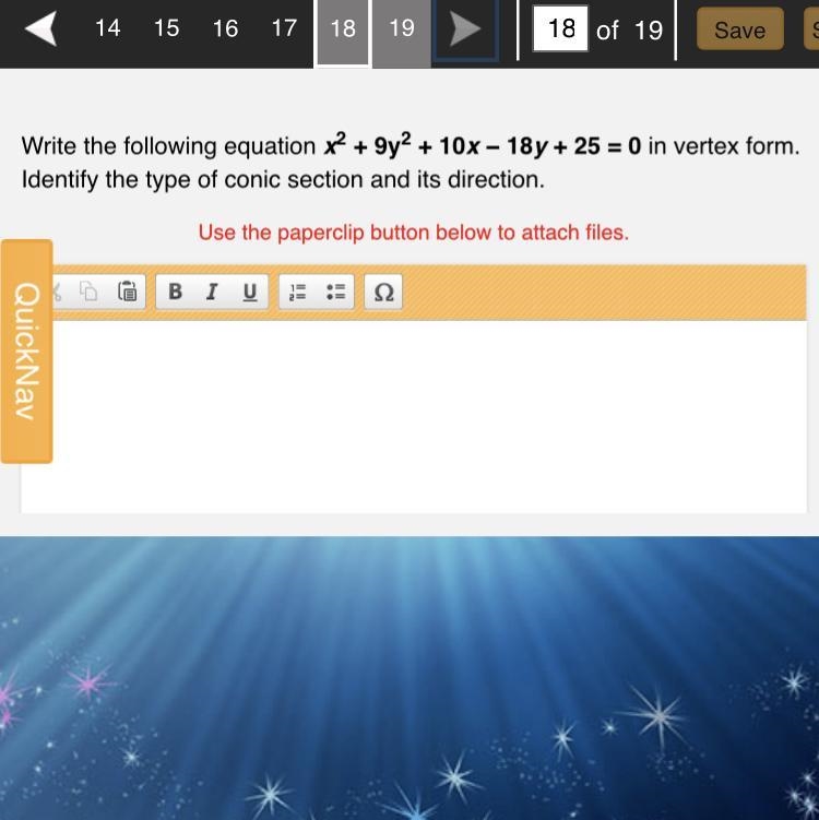 Write the following equation x2 +9y2 + 10x – 18y + 25 = 0 in vertex form.Identify-example-1