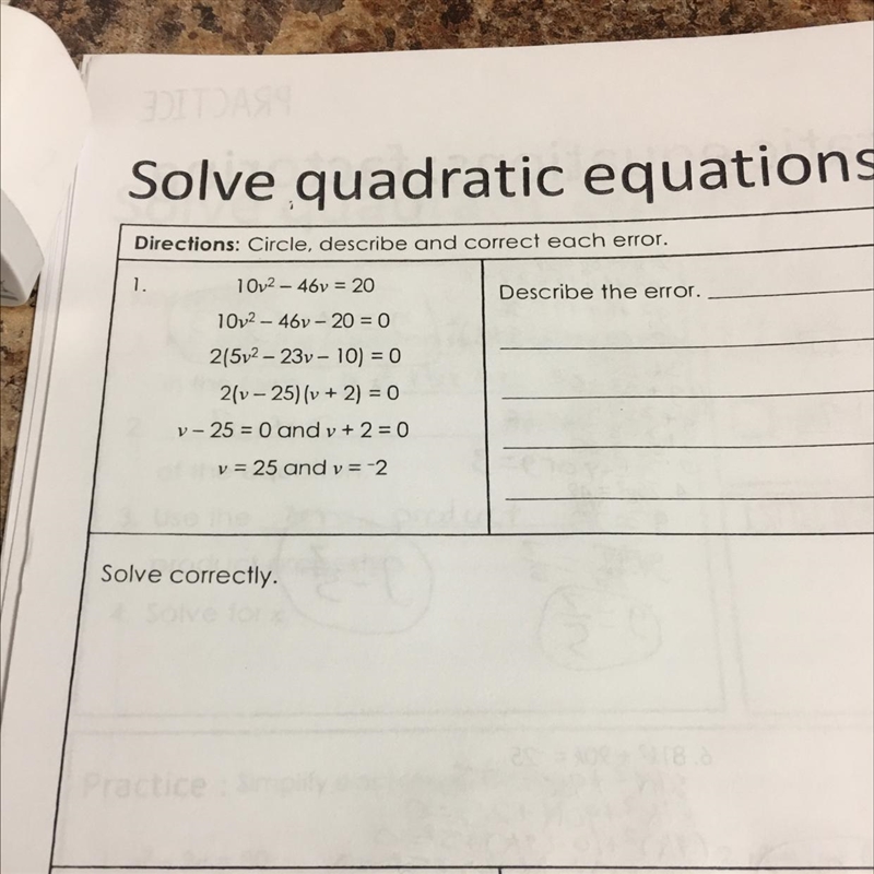 Circle describe and correct each error 10v^2-46v=2010v^2-46v-20=02(5v^2-23v-10)=02(v-example-1