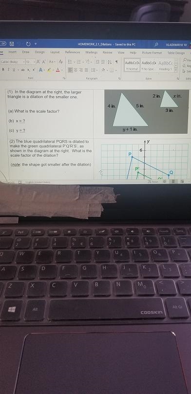 In the diagram at the right, the larger triangle is a dilation of the smaller one-example-1