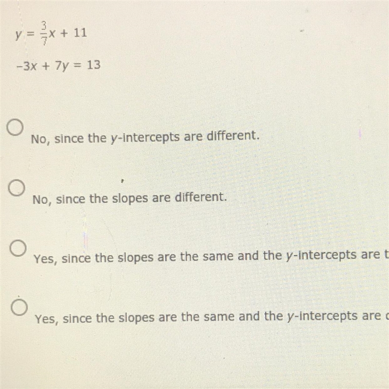 Are the graphs of the lines in the pair parallel? Explain(The end of option 3 says-example-1