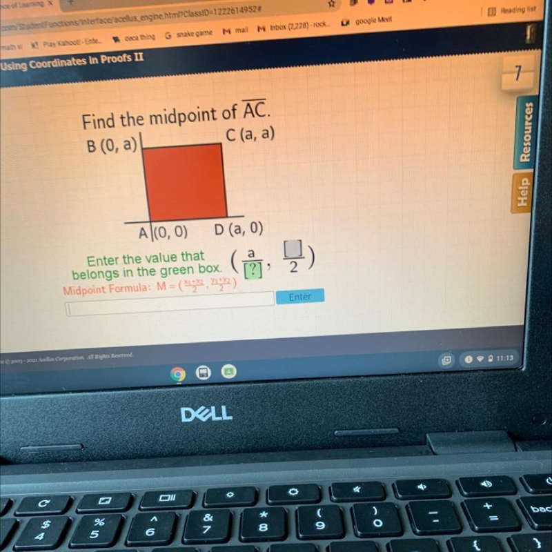 Find the midpoint of AC.B (0, a)C (a, a)A(0,0) D (a,0)Enter the value thatbelongs-example-1