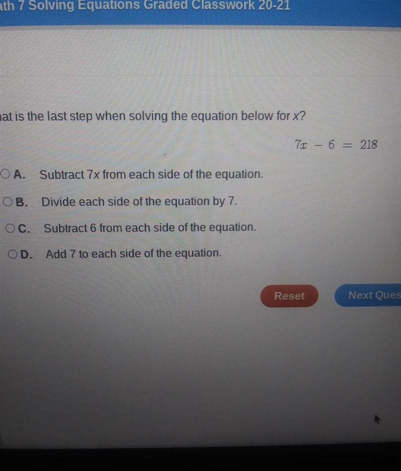 What is the last step when solving the equation below7x-6=218-example-1