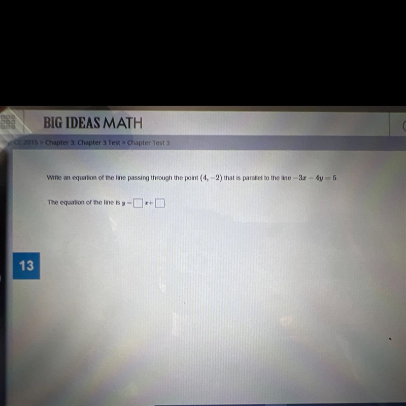 Write an equation of the line passing through (4,-2) that is parallel to the line-example-1