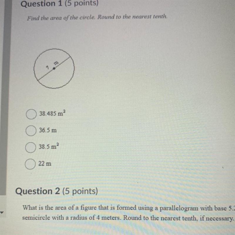 Find the area of the circle. Round to the nearest tenth. 7 Pi 38.485 m² 36.5m 38.5 m-example-1