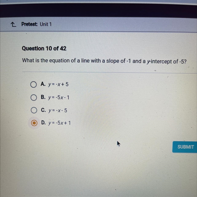 What is the equation of a line with a slope of -1 and a y-intercept of -5?-example-1