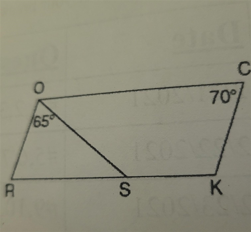 2. In the diagram below of parallelogram ROCK, m ZC is 70° and mZROS is 65°. What-example-1