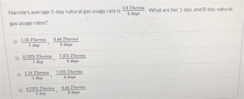 Harmie's average s-day natural gas usage rate is 5.g therms AR are sdays What day-example-1