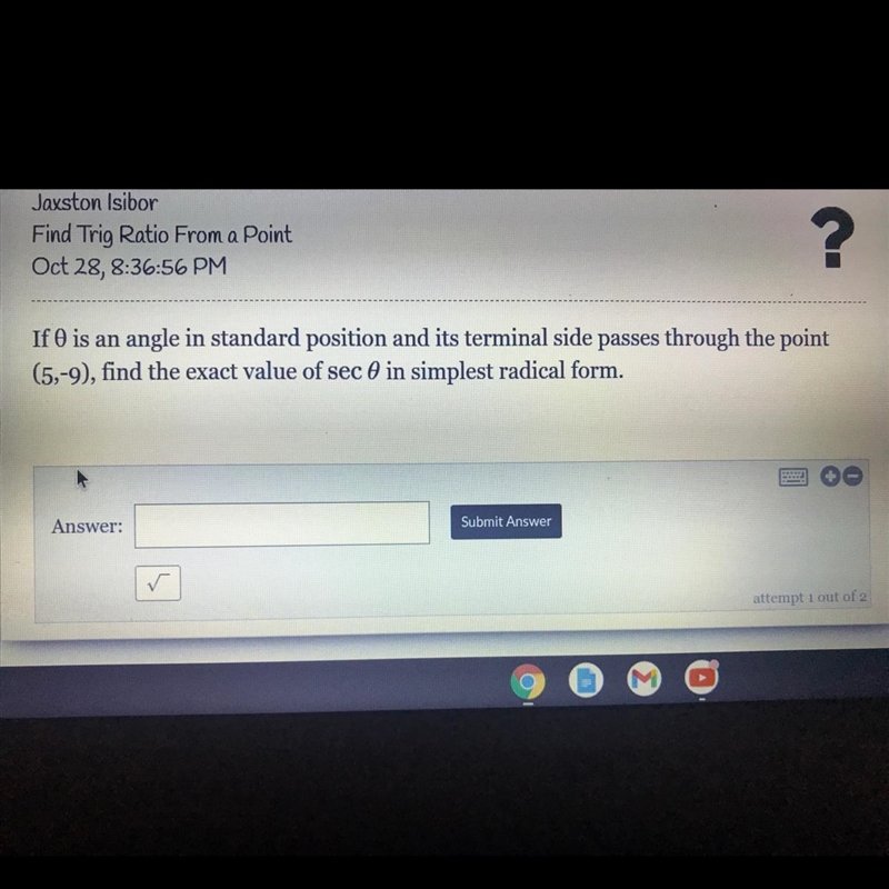 If Ois an angle in standard position and its terminal side passes through the point-example-1