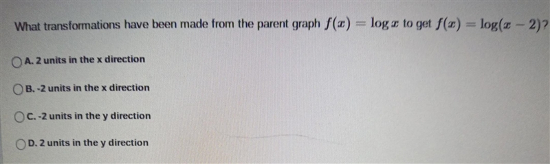 What transformations have been made from the parent graph f(x) = log x to get f(x-example-1