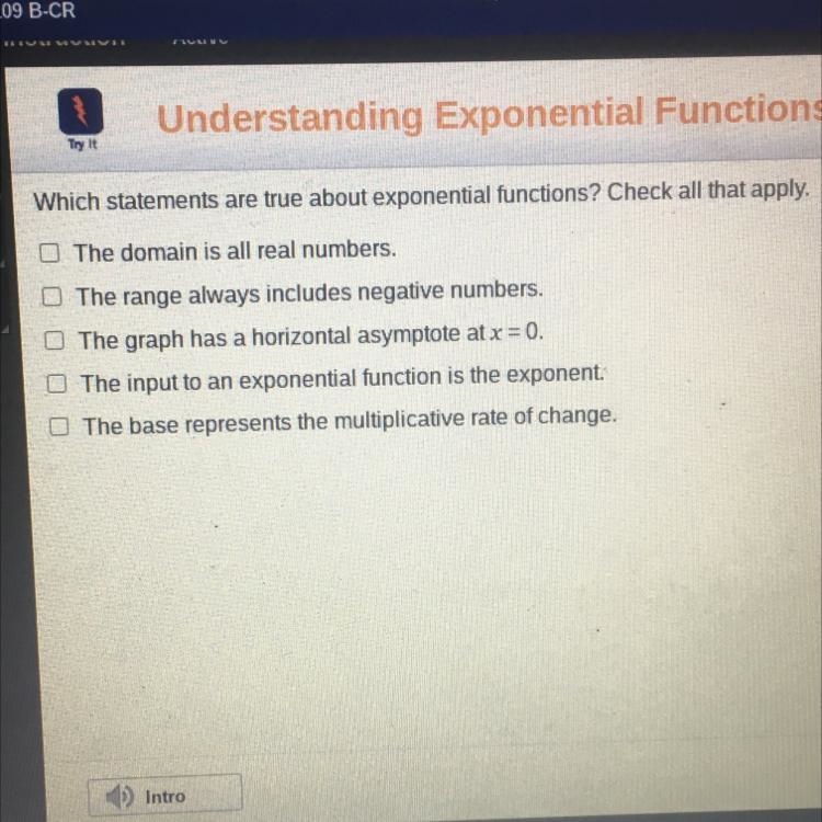 Which statements are true about exponential functions? Check all that apply. The domain-example-1