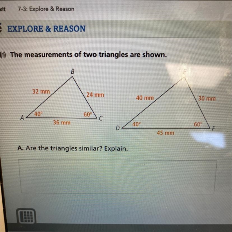 Are the triangles similar? explain. please help-example-1