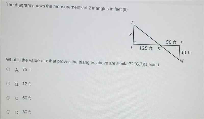 The diagram shows the measurements of 2 triangles in feet (ft). X Х 50 ft ) 125 ft-example-1