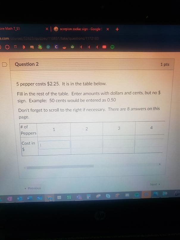 5 5 pepper cost $2.25 it is in the table below fill in the rest of the table but no-example-1