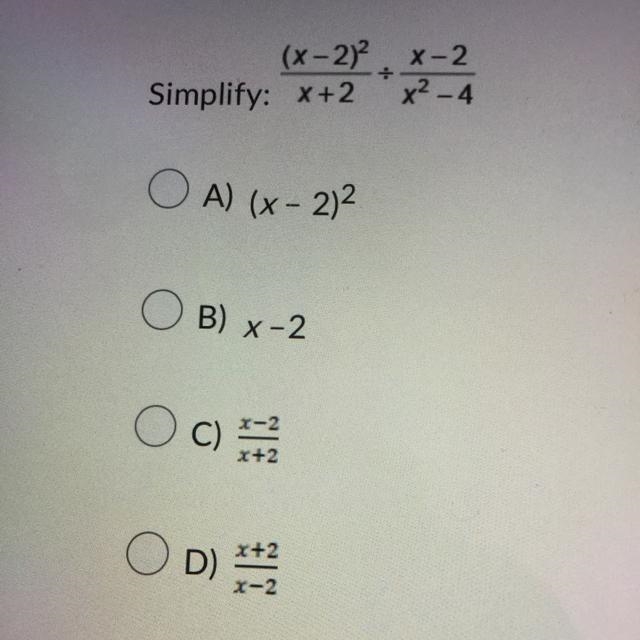 Simplify: (x - 2)2 x + 2 divided by x - 2 x2 -4-example-1