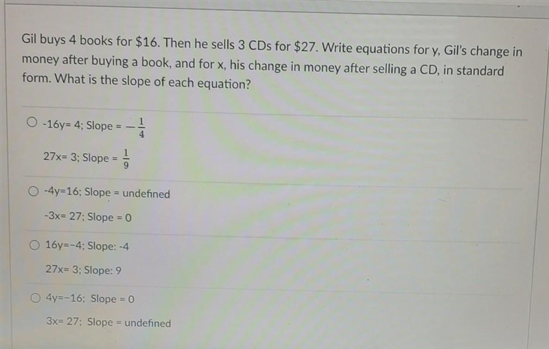 marks Gil buys 4 books for $16. Then he sells 3 CDs for $27. Write equations for y-example-1