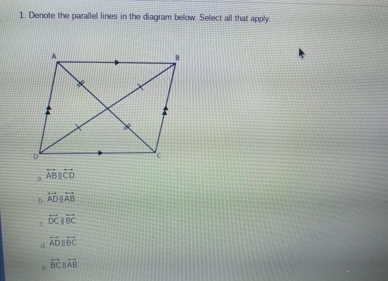 Denote the parallel lines in the diagram bellow. select all that apply-example-1