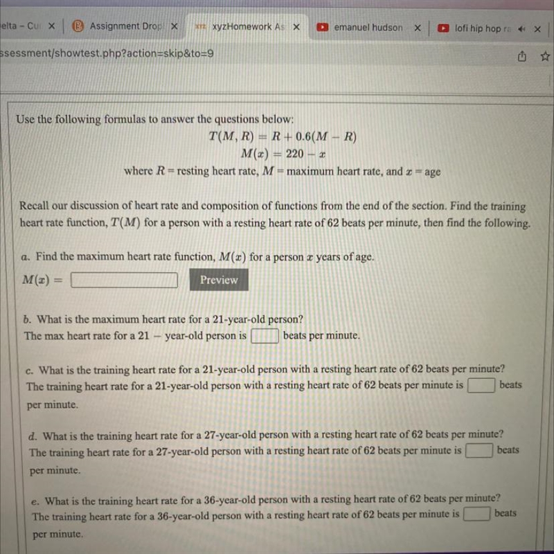 Use the following formulas to answer the questions below:T(M,R) = R +0.6(M-R)M(x) = 220 - 2where-example-1