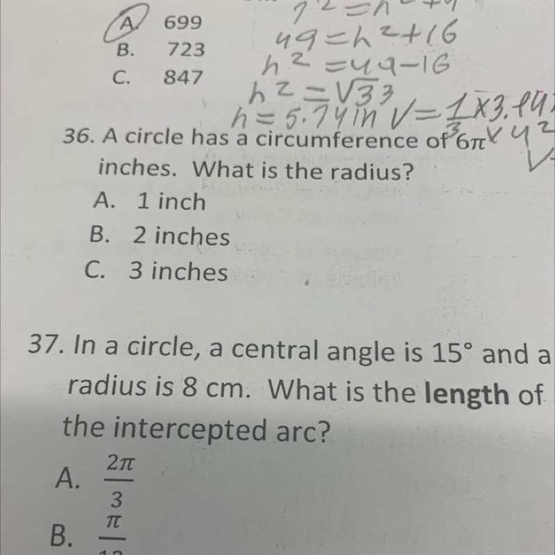 A circle has a circumference of 6pie inches. What is the radius-example-1