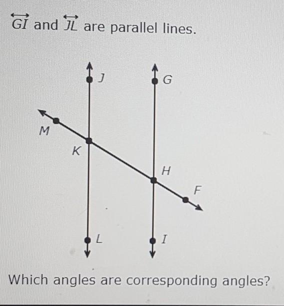 GI and JL are parallel lines.Which angles are corresponding angles?(Practice Quiz-example-1