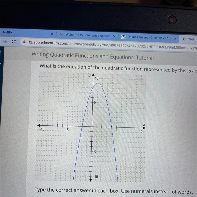 What is the equation of the quadratic function represented by this graph? -10- Type-example-1