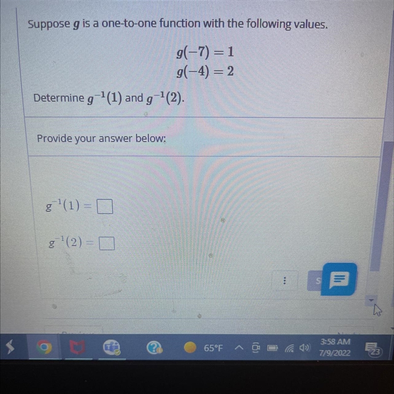 Suppose g is a one-to-one function with the following values-example-1