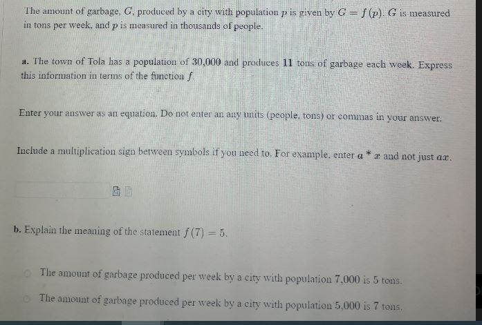 es/unproctored Test.QuestionSheet The amount of garbage, G, produced by a city with-example-1