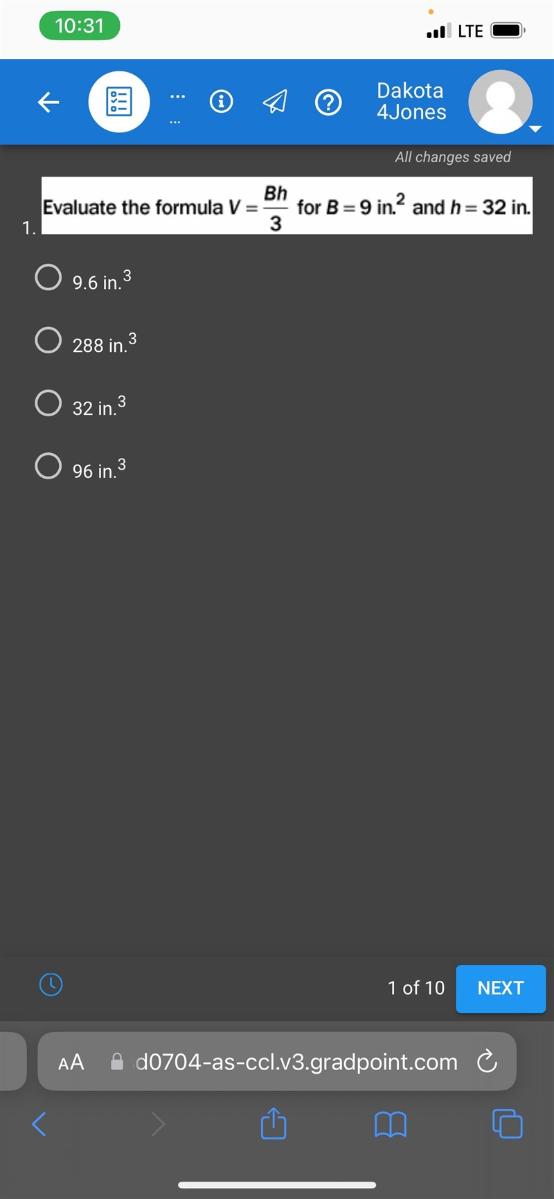 1.BhEvaluate the formula V =3O 9.6 in.³O 288 in. 3O 32 in.3O 96 in.3for B = 9 in.² and-example-1