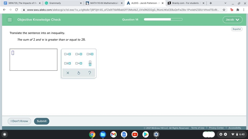 Translate the sentence into an inequality.The sum of and is greater than or equal-example-1