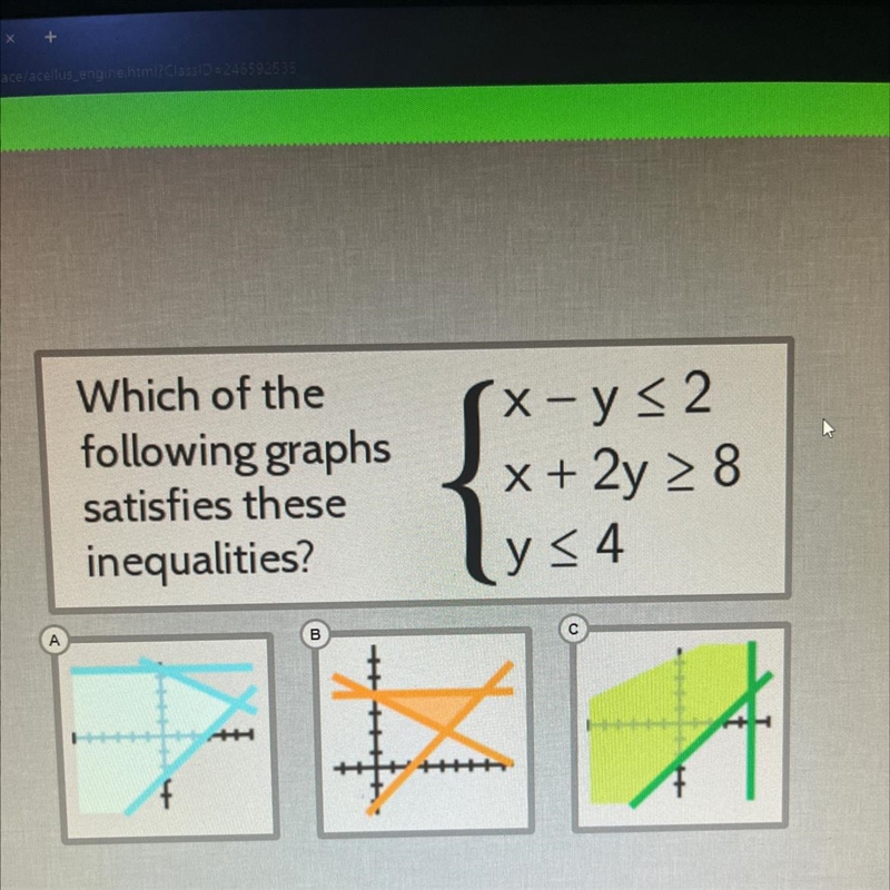 Which of the following graphs satisfies these inequalities? x- y< 2. x + 2y &gt-example-1