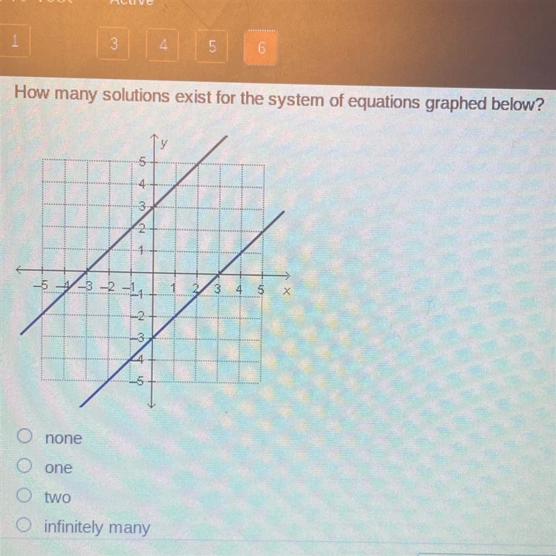 How many solutions exist for the system of equations graphed below? none • one • two-example-1