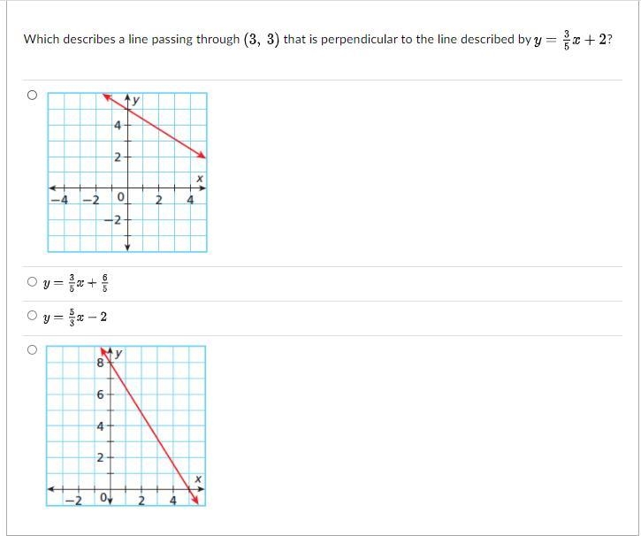 Which describes a line passing through (3,3) that is perpendicular to the line described-example-1