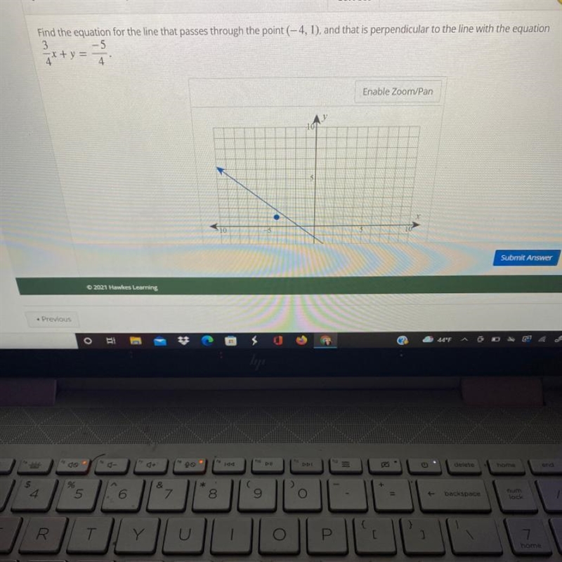 Find the equation for the line that passes through the point (-4,1), and that is perpendicular-example-1